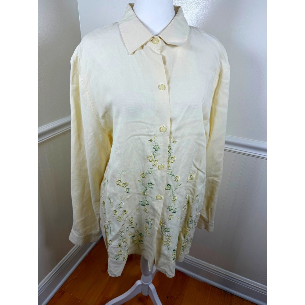 Joan‎ Leslie Embroidered Button Down Shirt Cream Floral Vintage Women Size 14